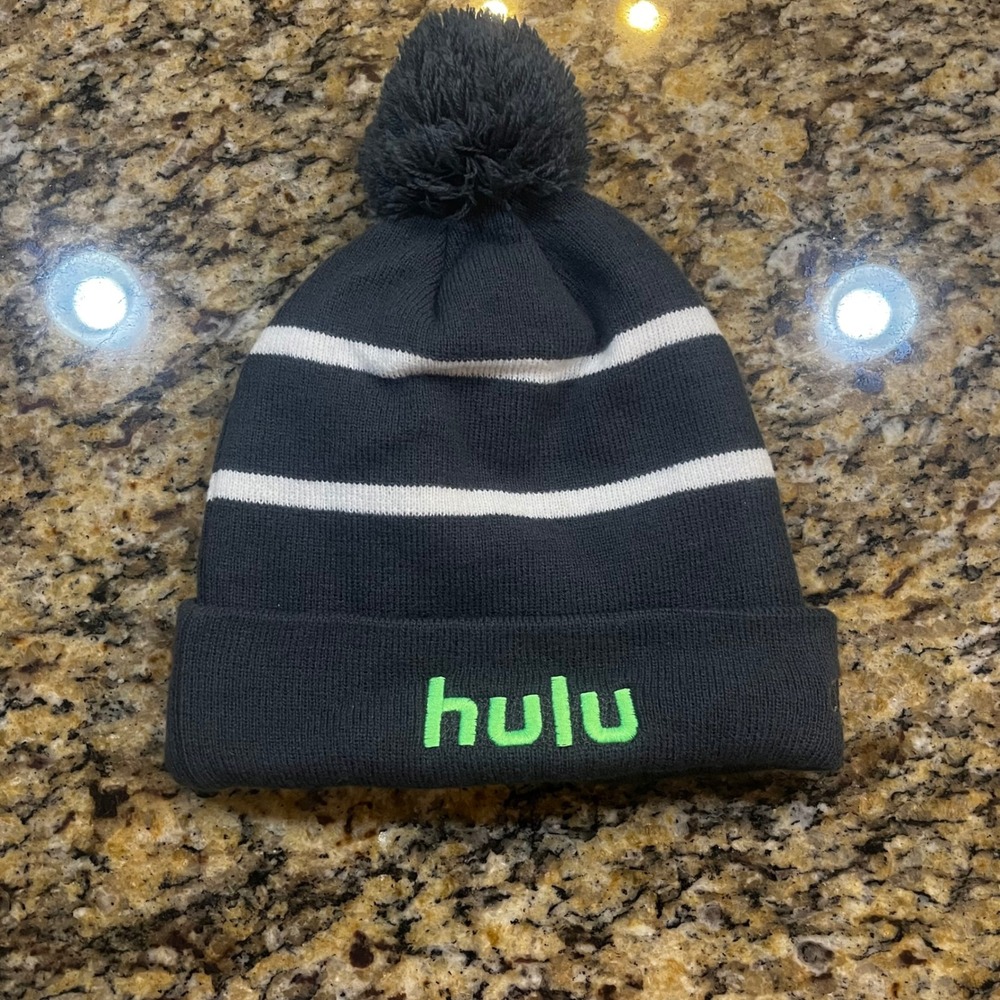 Hulu Promo Beanie Hat Mens Gray White Striped Cuffed Knit Pom Pom Fleece Lined